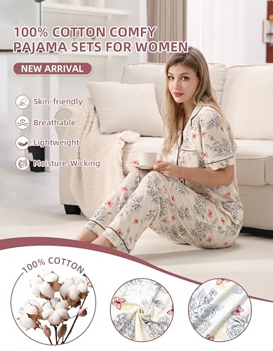 Image of NAP BOUND 100% Cotton Women's Pajama Sets Short Sleeve Button Down Soft Pjs 2 Piece Lounge Set with Pocket Nightwear XS-XXL