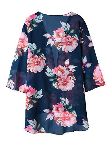 Women's Kimono Cardigan Floral Print Chiffon Beach Open Cover ups Casual Loose Tops Shawls (Deep Blue,M)