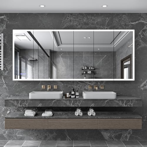 ItWorths LED Lighted Bathroom Medicine Cabinet with Mirror, 96"x 40" Mirrored Wall Cabinet with 6 Doors, Built-in Power Sockets, 3-Color Stepless Dimming, Adjustable Shelves, Defogger, Soft-Closing