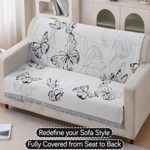 Image of HOKIPO Serene Abode Sofa Cover 2 Seater, 180x120 cm, Monochrome Butterfly