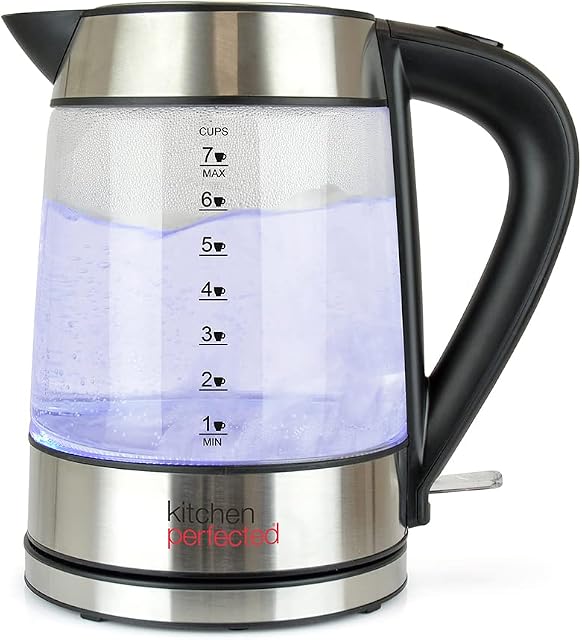 Kitchen Perfected Eco-Friendly Blue Illuminating Cordless Glass Kettle - 1.7Ltr, 2200w, Fast and Quiet Boil, 1 Cup in 60 seconds, Only boil what you need, BPA Free - E1401BS