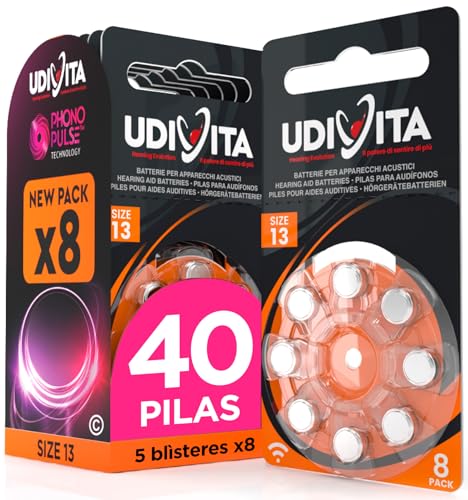 40 Pilas para Audífonos Tamaño 13 Udivita PR48 (Naranja) Zinc-Aire Hearing Evolution con Tecnología Phono Pulse - 5 Blísteres de 8 Pilas