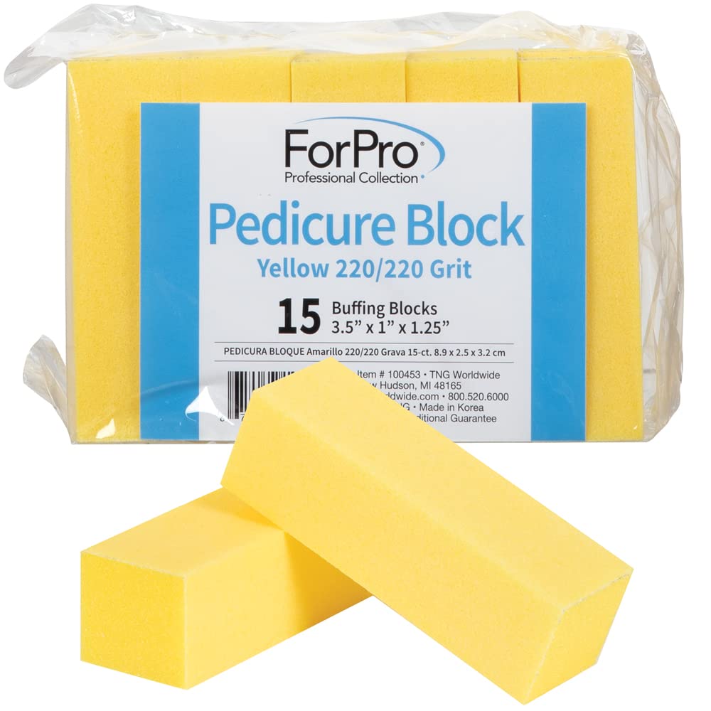 ForPro Yellow Pedicure Block, 220/220 Grit, Three-Sided Pedicure Nail Buffer, 3.5”L x 1.25”W x 1”H, Yellow, 15-Count : Everything Else