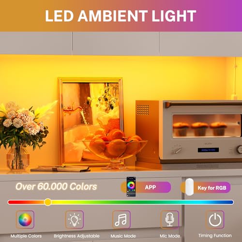 Image of TEENFON Pantry Cabinet with Charging Station and LED Light, Kitchen Pantry Cabinet with Microwave Stand, Kitchen Storage Cabinets with Adjustable Shelves and Door Shelves for Dining Room, White