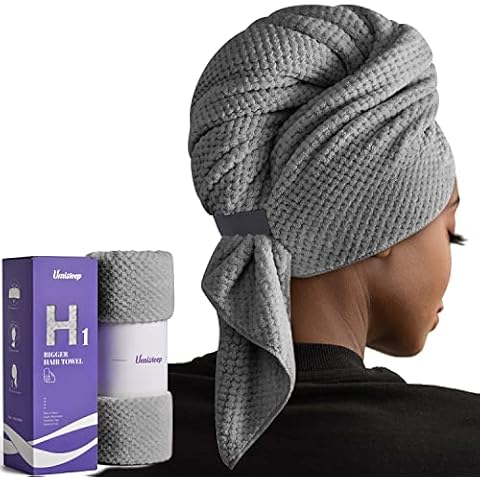 Umisleep Extra Large Microfiber Hair Towel for Women Long, Curly, Thick Hair, Super Soft Anti Frizz Quick Dry Hair Towel Wrap, Ultra Absorbent Hair Turban with Elastic Band Grey Cover