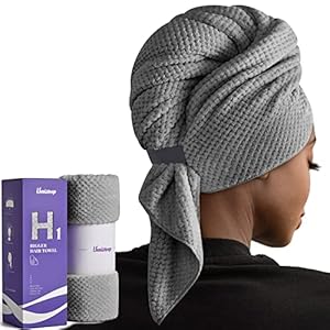 Umisleep Extra Large Microfiber Hair Towel for Women Long, Curly, Thick Hair, Super Soft Anti Frizz Quick Dry Hair Towel Wrap, Ultra Absorbent Hair Turban with Elastic Band Grey