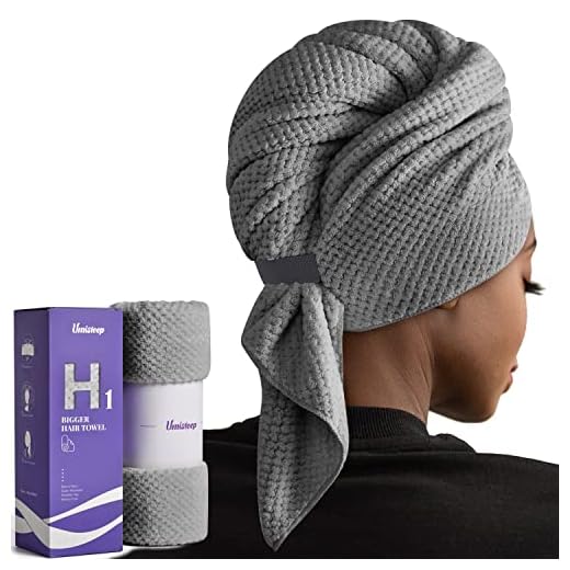 Umisleep Extra Large Microfiber Hair Towel for Women Long, Curly, Thick Hair, Super Soft Anti Frizz Quick Dry Hair Towel Wrap, Ultra Absorbent Hair Turban with Elastic Band Grey