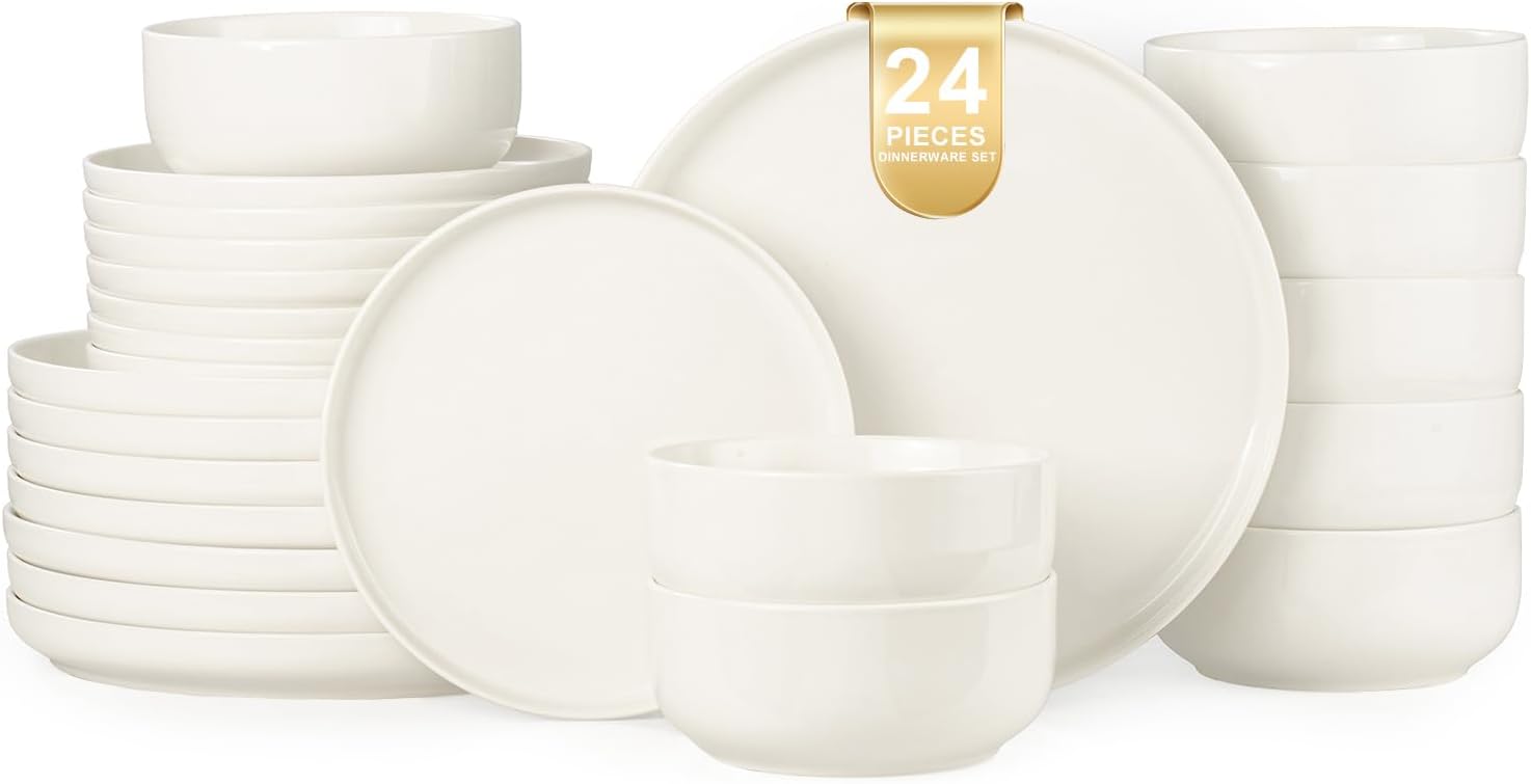 EWFEN Plates and Bowls Sets, 24 Pieces Ceramic Dinnerware Set for 8, Stoneware Dishware Dishes Set, Scratch Resistant Dishes Set, Dishwasher & Microwave Safe, White
