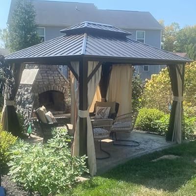 PURPLE LEAF 10’ X 12’ Outdoor Hardtop Gazebo Metal Frame Galvanized Steel Double Roof with Curtains and Nettings for Patio Desk Backyard Bronze