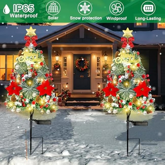 2 Pack 32 Inch Solar Xmas Tree Light Outdoor Tree with Flashing LED Lights, Pinecones, Star and Bells, Waterproof Christmas Pathway Light Solar Christmas Decorations for Yard Garden Lawn Walkway