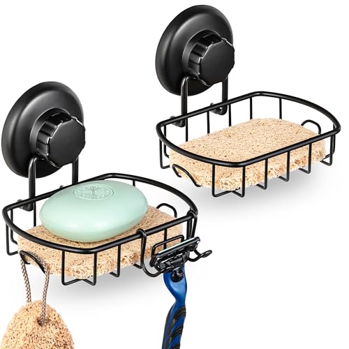 HASKO 2 Pack Suction Cup Soap Dish for Shower Wall Rustproof Stainless Steel Shower Soap Holder with Hooks Includes Optional No Drill Adhesive Mount for Bathroom 2 Soap Savers Black
