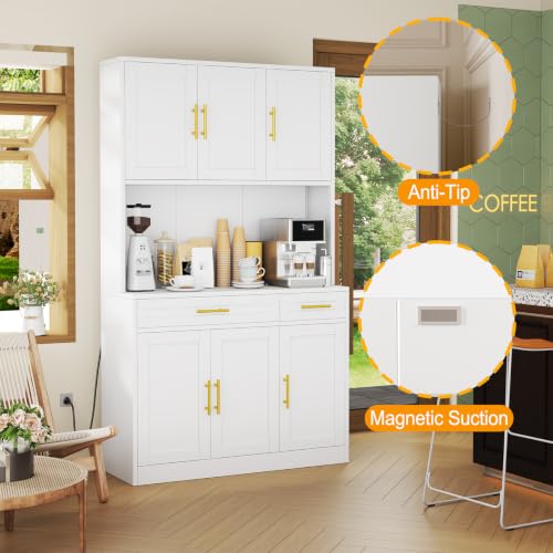 Image of 71 Sideboard Buffet Cabinet, Metal Kitchen Coffee Bar Cabinet White | Pantry Sideboard Storage, Coffee Bar Table Console with Cable Hole, Drawers, Adjustable Shelves for Kitchen, Living Room