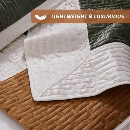 Image of Grassix Velvet Quilt Set Queen Size, Luxury Patchwork Design, Green Caramel | Lightweight Velvet Comforter with 2 Pillow Shams, Soft Bedspread Coverlet, Quilted Bedding Set for All Seasons, 90 inchx96 inch