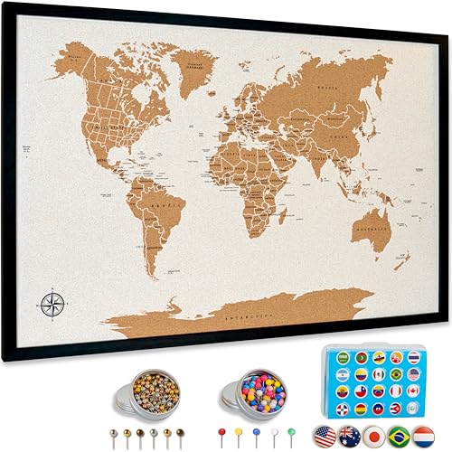 World Map Pin Board Large 30'x20' Framed | Cork Wall Map with Country Flags, Metallic & Colored Pins...