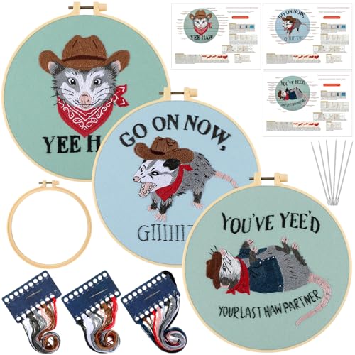 Image of Mindsoft 3 Set Needlepoint Kit for Beginners with Hoop,Cowboy Possum | Bamboo Hoop Thread Needles Instructions, Easy Hand Embroidery for Beginners Home Crafts,Pre-stamped Funny Cute Designs