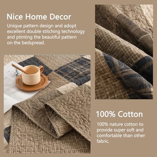 Image of Finlonte 120 inchx120 inch Oversized King Bedspread - 100% Cotton Lightweight Quilted Bedspreads Coverlet Set, Farmhouse Plaid Bedding Reversible Oversized King Quilt with 2 Pillow Shams, Brown /Beige /Cream