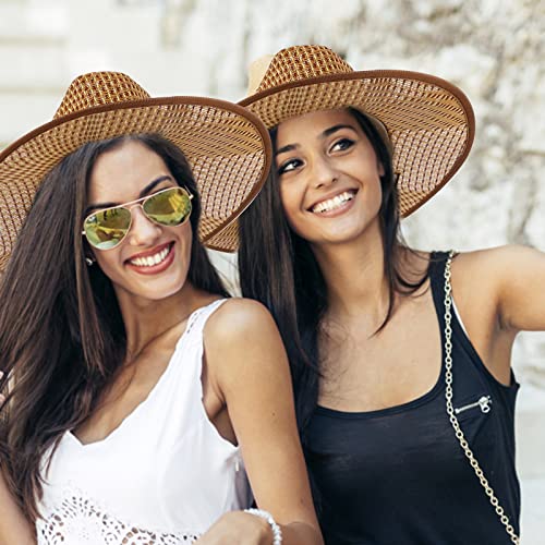 3Pcs Straw Cowboy Hats Western Outback Cowboy Hat Cowgirl Straw Hats, Men Women Sun Party Hat, Wide Brim Summer Hat With Wind Lanyard Brown #TOP2