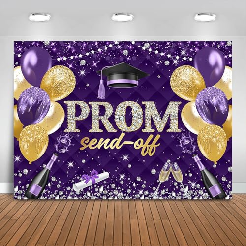 Fitumiw Prom Send Off 2026 Graduation Backdrop Class of 2026 Prom Background Party Decorations Congrats Grad Banner Photo Booth Props (Purple and Gold, 7x5ft)