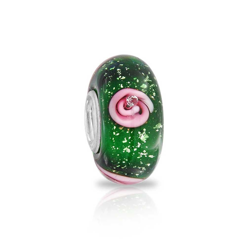 Floral Red Black Green Pink Hibiscus Flower Charm Bead Fits European Bracelet Women Teen Murano Glass .925 Sterling Silver Core