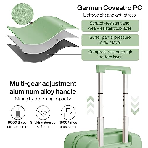 mixi 14 Inch Underseat Luggage Carry on Suitcase Free Boarding Personal Item Suitcases with Spinner Wheels Hardshell Lightweight PC for Short Travel, Avocado Green - Thumbnail 3