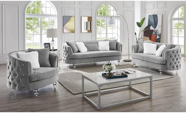 3Pc Couch Set Grey Chesterfield Modern Luxury Love Seat Sofa Chair Living Room Furniture