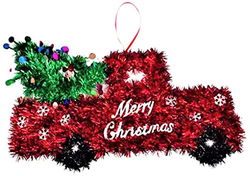 Red Truck with Christmas Tree Wall Door Hanger Tinsel Holiday Decor