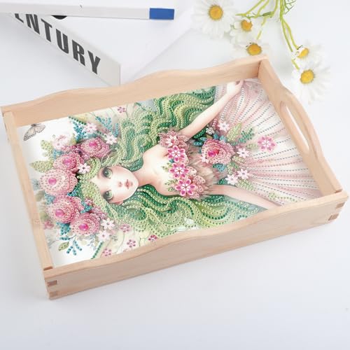Image of DIY Diamond Painting Wooden Serving Tray with Handle, Princess Girl Design Mosaic Diamond Art Plate Kit, Creative Craft Diamond Art Tray for Coffee Table and Home Organizer