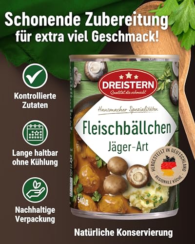 DREISTERN Fleischbällchen 540g I Mit Schweinefleisch & Champignons I Herzhafte Spezialität in recyclebarer Konservendose I Lange Haltbarkeit dank natürlicher Konservierung I Hausmacher Qualität