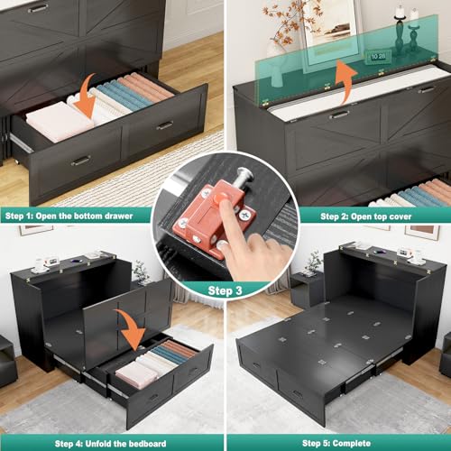 Hlivelood Queen Size Murphy Chest Bed with Drawer and Charging Station, Farmhouse Wood Space-Saving Hidden Folding Bed Chest, Multifunctional Storage Cabinet Beds for Bedroom, Office, Black
