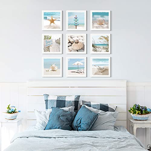 Coastal Pictures Wall Art Framed: Bathroom Small Beach Shell Artwork Seaside Ocean Picture And Seascape Painting Landscape Photo Print For Living Room(13''X13'') #TOP1