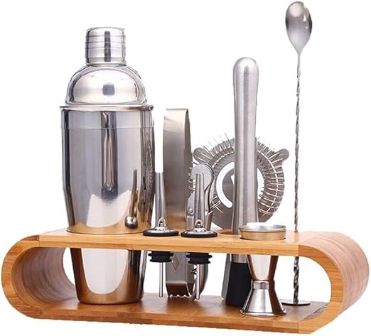 Set de Coctelera de Acero Inoxidable con Soporte de Madera 9 Piezas