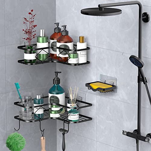 Kadolina 2 Pack Adhesive Corner Shower Caddy Shelf With Soap Holder, Shower Corner Organizer Shelves, No Drilling Rustproof Shower Storage Rack Basket Shampoo Holder Organizer (Black) #TOP5
