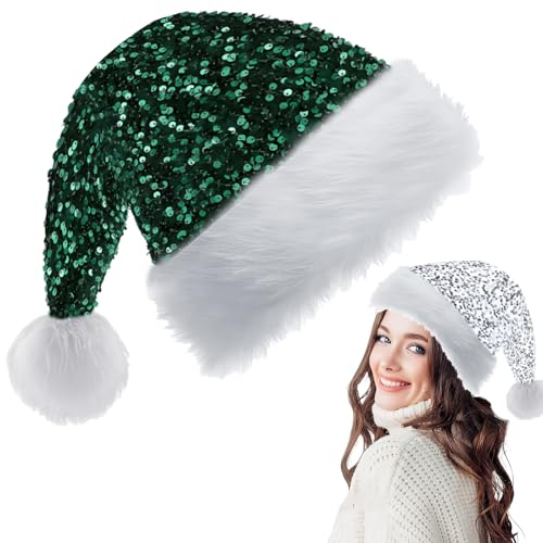 Bonnet Noel Adulte Enfant Vert Foncé 35*45cm,Paillettes Chapeau en Peluche de Luxe,Bonnet de Père Noël Bord en Fourrure Unisexe,Chapeaux Fête Noel Convient pour Noël New Year Fêtes Fournitures