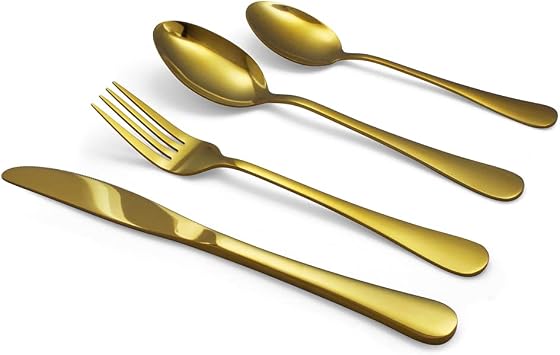 Elyon Tableware 32-Piece Reflective Gold Flatware Set, Stainless Steel, Service For 8
