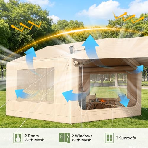 Carpa Inflable con Claraboya Panorámica para Estrellas, Carpa de Aire de Montaje Rápido con Bomba, Carpa Glamping Impermeable Oxford con Salida para Estufa, Puertas y Ventanas de Malla para 7 Personas miniatura 3