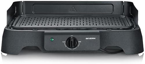 Severin Barbacoa eléctrica, 2000 W, temperatura de 40 a 220 °C, 39 x 23 cm, plancha con revestimiento cerámico sin PFAS, protector contra viento, bandeja extraíble, interior y exterior, Negro, PG 8595