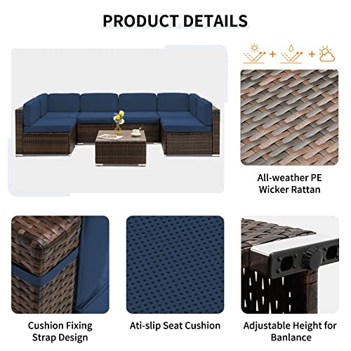 Udpatio Outdoor Patio Furniture Sets 7 Pieces Outdoor Sectional Couch, Pe Rattan Sofa Wicker Patio Conversation Sets With Cover For Yard Deck Balcony Poolside W/Coffee Table Thickened Cushions, Navy #TOP2
