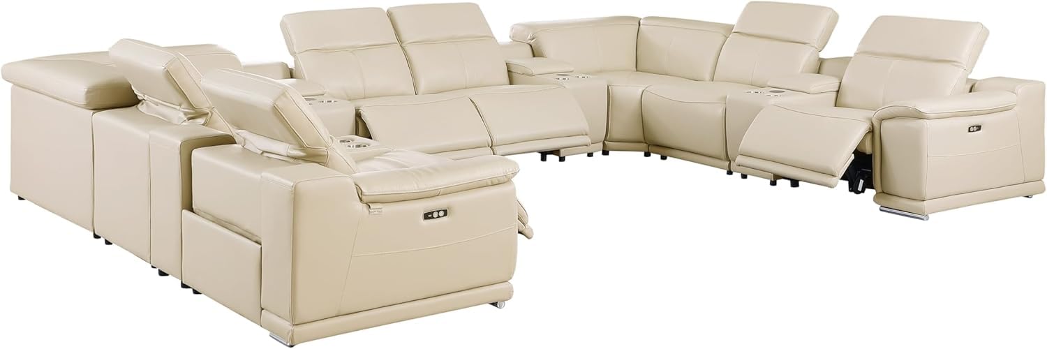 BlackJack Furniture Venice 12-Piece Top Grain Italian Leather Sectional Reclining Sofa Set with 4 Power Recliners, Adjustable Headrests, USB and Wireless Phone Charger and Console Storage, Beige