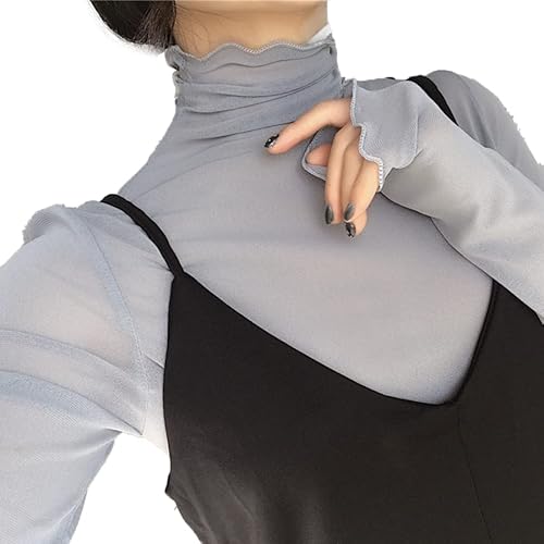 [ダイヤモンドハーツ] シアー シースルートップス タートルネック 長袖 春 夏 韓国 韓国ファッション グレー フリー