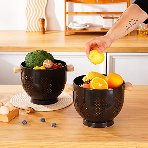 Metal Colander with Wood Handle and Stable Base, Powder Coated Steel Kitchen Strainer Basket for Draining Pasta, Vegetable and fruit (5.5quart,Bright Black) by BeFare - Used condition - Image 3