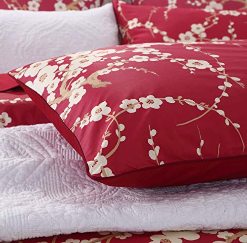 Brandream 5Pcs Eastern Japanese Oriental Style Cherry Floral Chinoiserie Blossom Print Duvet Quilt Cover Set Red 800Tc Egyptian Cotton Sateen Bedding Set 3 Piece Ornamental Drawing(Queen, King) #TOP1