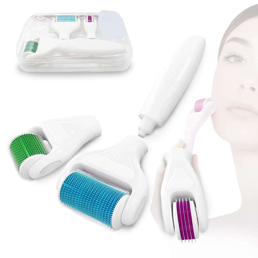 AMROAH 4 in 1 Titanium Derma Roller Set 300 700 1200 Micro Needle 0.25mm 0.3mm, Cosmetic Microneedling Tool Derma Roller Kit for Male & Female Face Body Skin Hair Growth Scalp