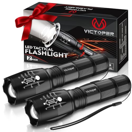 Victoper LED Flashlight 2 Pack, Bright Tactical Torch High Lumens with 5 Modes, Waterproof Zoomable...