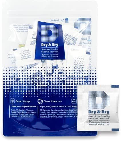 Dry & Dry 1 Gram (200 Packets) Food Safe Silica Packets, Desiccant Packs, Silica Gel - Rechargeable Silica Gel Packets, Moisture Absorbers, Silica Packets, Silica Gel