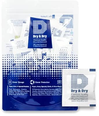 Dry &amp; Dry 1 Gram(50 Packets) Food Safe Silica Packets, Desiccant Packs - Rechargeable Silica Gel Packets, Moisture Absorbers, Silica Packets, Silica Gel