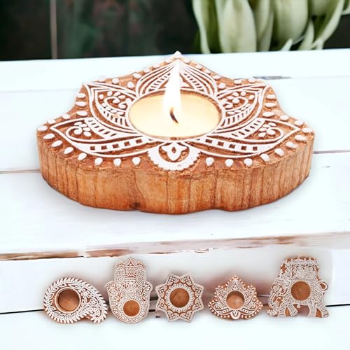 LoveNspire Wooden Block Print Tea Light Candle Holders for Diwali Handmade Tlight for Deepawali Decoration Items Designer Diya Deepam for Goddess Worship Housewarming Gifts (Hamsa/Paisley/Star/Lotus)