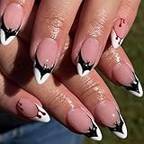 24Pcs Künstliche Fingernägel für Halloween - French Weiße Mandel Party Künstliche Fingernägel, Fledermaus Motiv Press on Nails Kurz Aufdrückbare Nägel zum Aufkleben Acryl Full Cover (Weiß French)