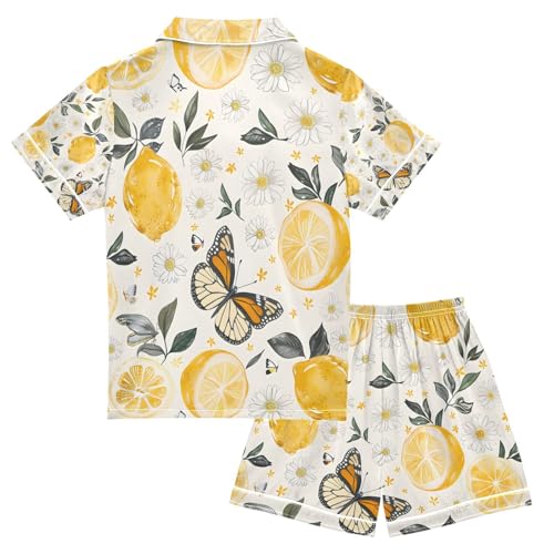 senya Lemon Flowers and Butterflies Satin Summer Pajama Sets Silk Short Sleeve Button Down Sleepwear2
