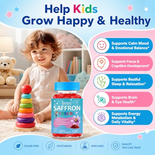 Saffron for Kids, Happy Mood Gummies, Magnesium Glycinate, Omega-3, Holy Basil, L-Theanine, Rosemary, B6, D3 for Calm, Focus, Cognition, Sleep, Sugar Free Saffron Extract Supplement, 90 Gummies — view 2