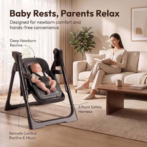 Image of StarAndDaisy Galaxy 2-in-1 Rocking Baby High Chair | Adjustable Feeding & Dining Chair for Boys & Girls with 4-Level Recline, Height Adjustment, Locking Wheels & 5-Point Safety Harness (White)